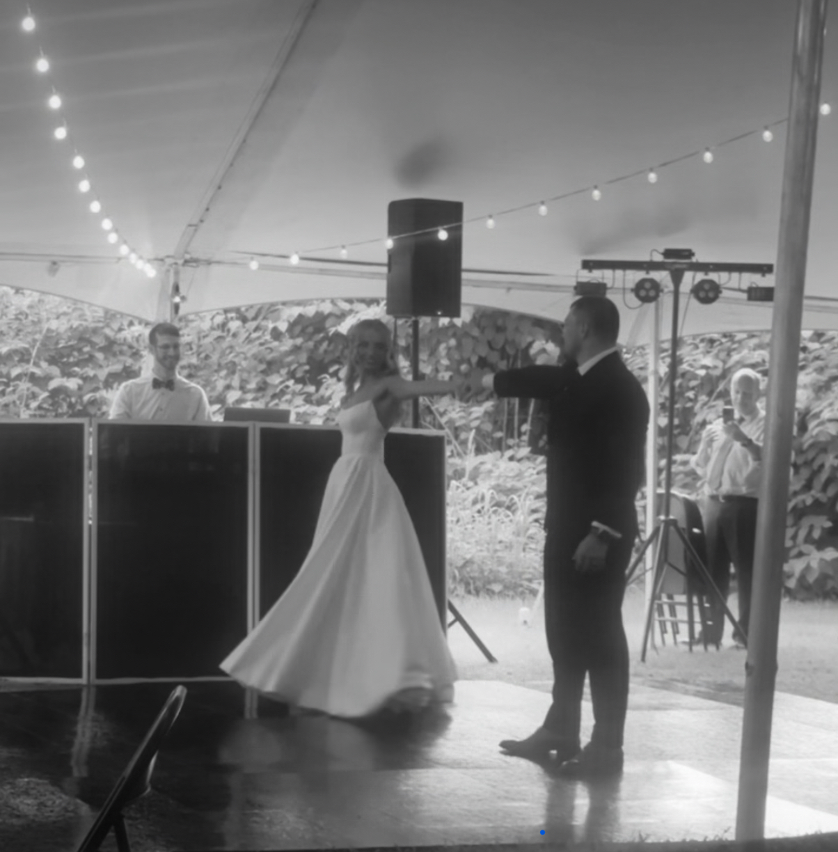 black and white photo of newlywed couple during their first dance